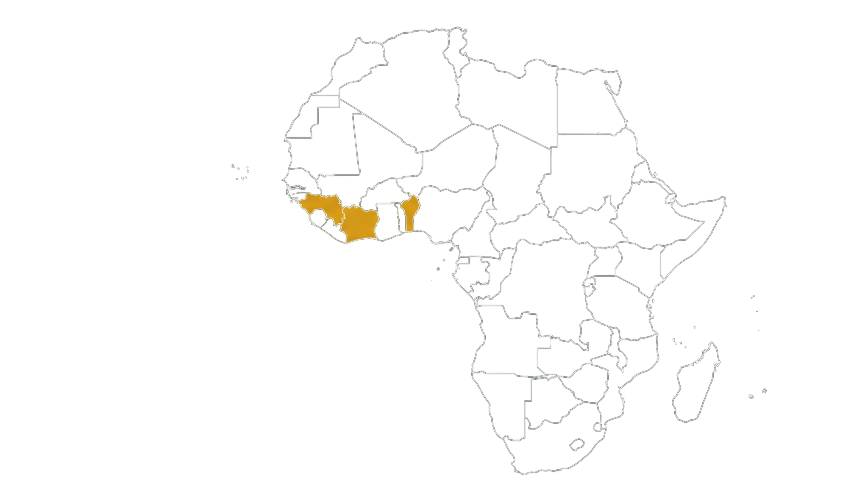Carte d'Afrique — implantations IRES en Côte d'Ivoire, Bénin et Guinée